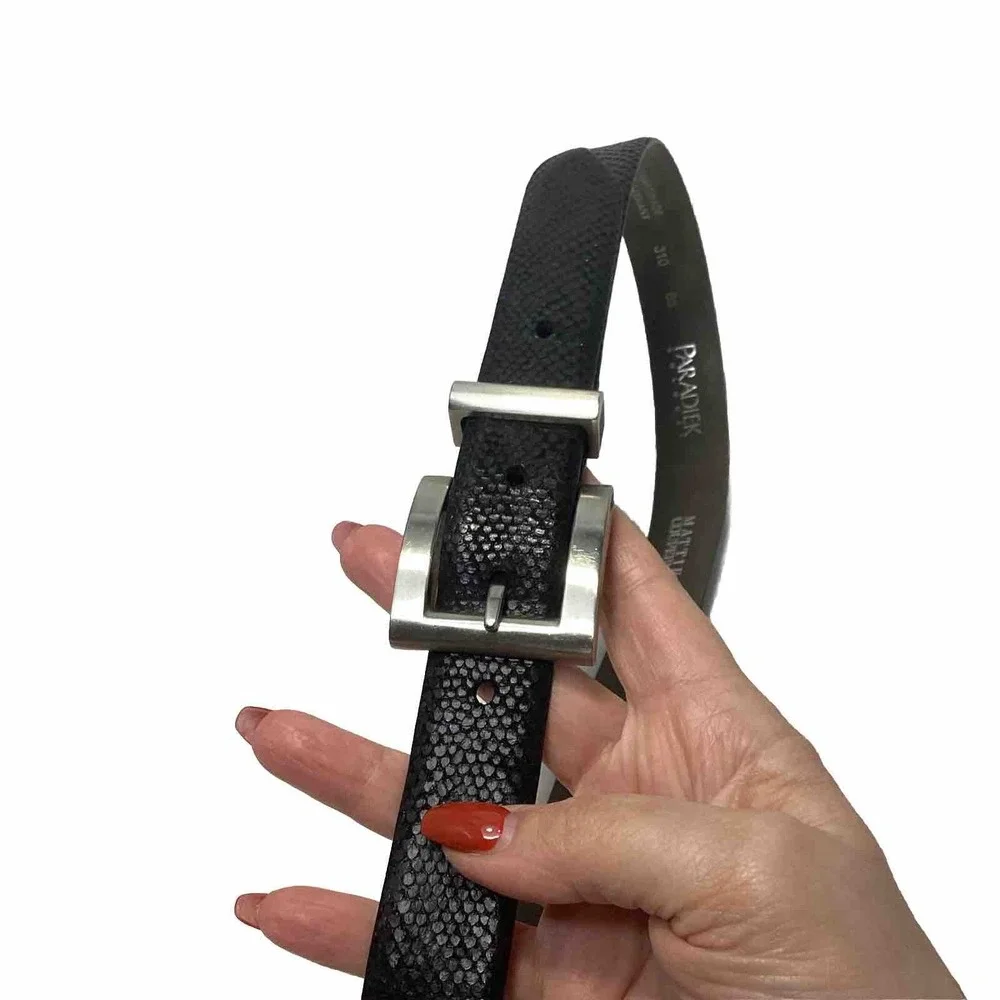 Black Leather Snakeskin Embossed Handmade In Germany Belt Silver Hardware Medium